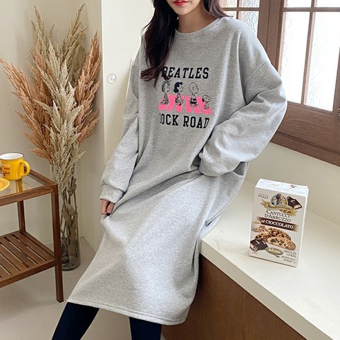 빅걸스토리 여성용 빅사이즈 기모 비틀즈 캐릭터 나염 이지웨어 롱 원피스