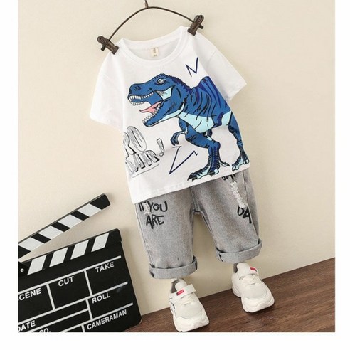 피앤엘스타일 남아 여아 여름 키즈 티라노 면티 청 반바지 상하복 세트 등원룩 외출복 하객룩