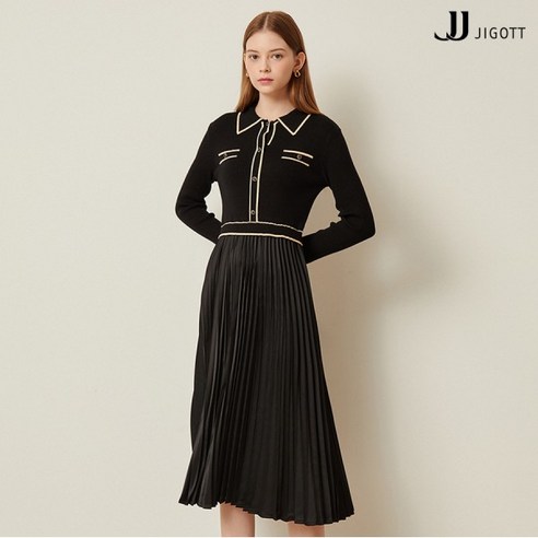 JJ지고트 플리츠 배색 니트 원피스 GMBP0OP24