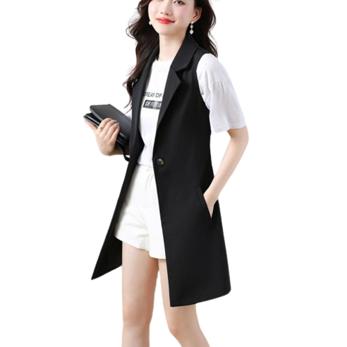 여성용 봄 가을 빅사이즈 단색 슬림핏 미디 정장 민소매 베스트 코트 조끼