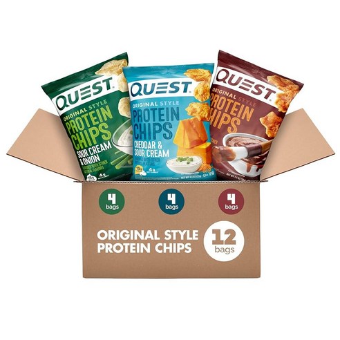 Quest Nutrition Protein Chips 버라이어티 팩 바베큐 체다 사워 크림 크림 및 양파 고단백질 저탄수화물 31.2g1.1온스 12팩, 12개, 37g
