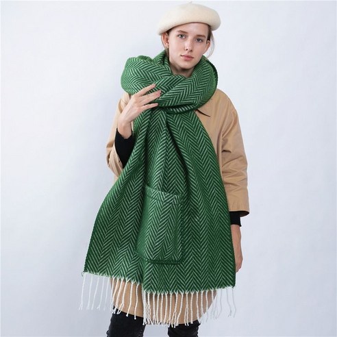포켓 스카프 목도리 이중 목적 여성 가을과 겨울 두꺼운 긴 패션 조수 녹색 큰 스카프