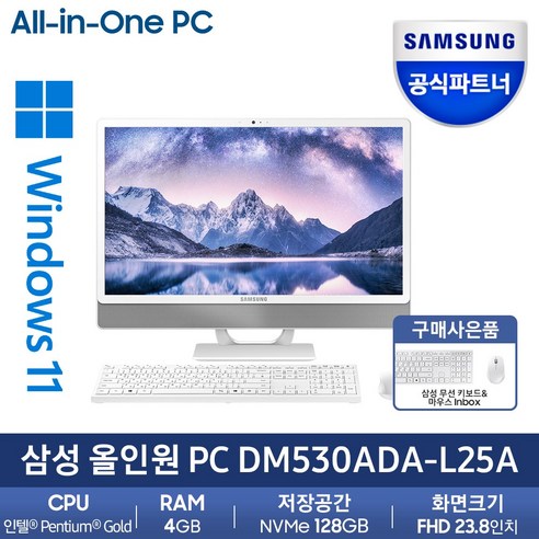 삼성올인원프로 삼성 일체형PC 올인원PC DM530ADA-L25AH (인텔 펜티엄 11세대 7505 60.5cm WIN11 4GB 128GB SSD), DM530ADA-L25A, WIN 11