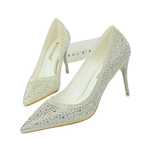 ANKRIC 여자구두 패션 웨딩 신발 하이힐 하이힐 얕은 뾰족한 섹시한 연회 모조 다이아몬드 신발