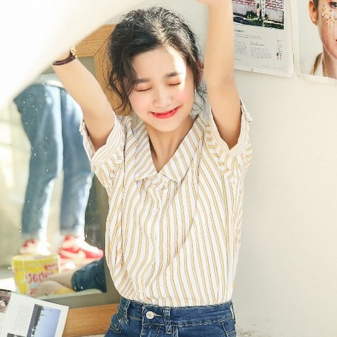 DFMEI 작은 신선한 폴로 칼라 줄무늬 셔츠 디자인 틈새 새로운 느슨한 모든 경기 반팔 셔츠