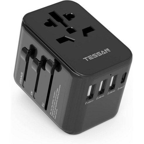 TESSAN 범용 여행용 어댑터 올인원 여행용 충전기 USB 포트 3 개 C타입 1 개, black, 1개