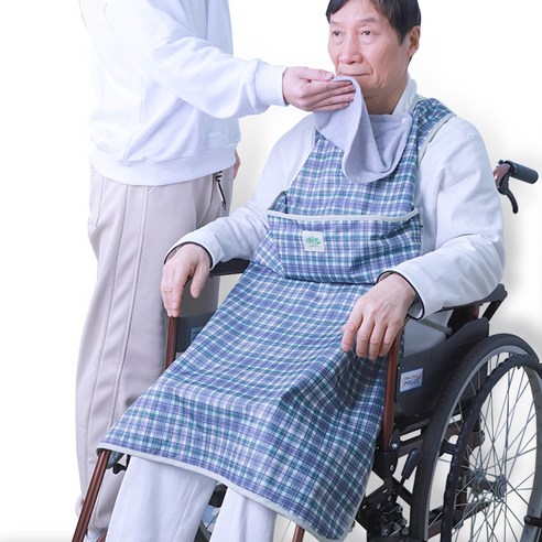 새롭진정간호 클린유니폼 방수 성인용 턱받이 조절 가능한 냅킨 포함, 1개, 녹색 격자 70x100cm