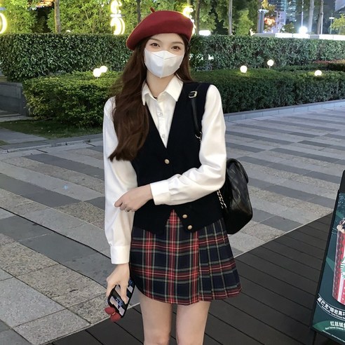 대학 스타일 티베트어 블루 니트 조끼 여성 가을과 겨울 아우터 레이어드 스웨터 조끼 조끼 조끼 셔츠 투피스 세트