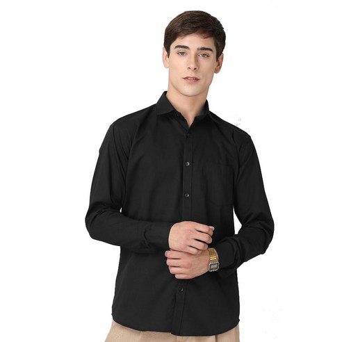 Men's Long Sleeve Cotton Button Up Shirts Solid Casual Business Formal Dress Shirt - Black (US Alph