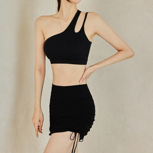 뮤즈마인 - 제이드 원숄더 브라탑 요가 필라테스 폴웨어 의상 폴댄스복 폴키니 운동복 상의 바프 바디프로필용 캡내장 크롭티 헬스, M, 블랙