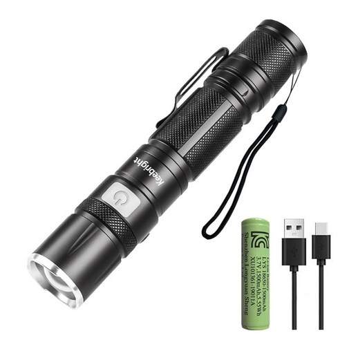Keebright 초강력 LED 줌 손전등 휴대용 후레쉬 가벼운 미니 고휘도 5단계 조절 충전식 IPX4 방수 써치라이트, black, 1개