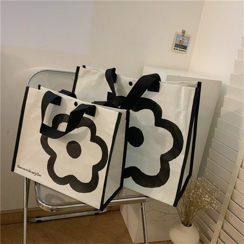 한국어 버전 심플하다 ins 흑백 꽃 대용량 핸드백 숄더 사이즈 에코백 쇼핑백