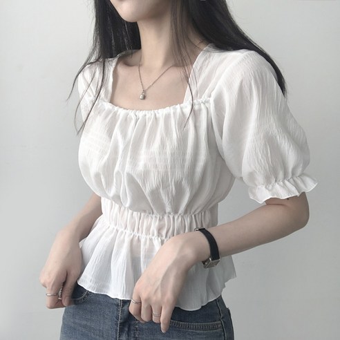 리리의감각 여성 스퀘어넥 크롭 퍼프소매 프릴 셔링 여름 반팔 블라우스