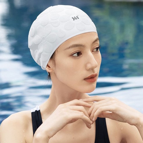 361도 플라워 여성 수모 실리콘 여자 수영모자, 화이트, 1개