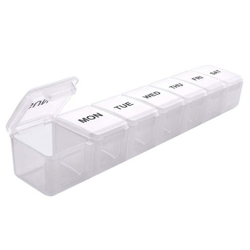 주간 알약 주최자 휴대용 알림 상자 7 구획 약 상자 태블릿 홀더 여행용 디스펜서 비타민 여행 학교 장로, 24x4x3.3cm, 플라스틱, 하얀색