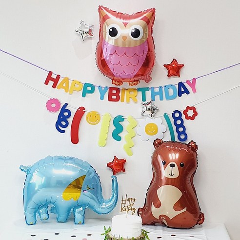 애니멀 동물 풍선 생일 파티 토끼 코끼리 부엉이 곰 너구리 기린, 코끼리+곰