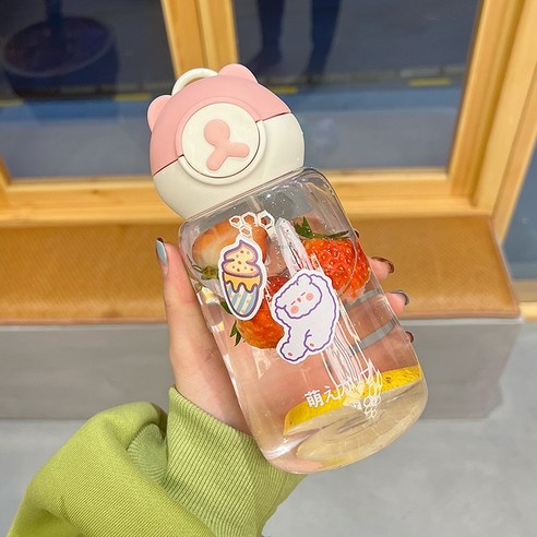 【휴대용 물병】물 컵 여자를위한 찾고 플라스틱 컵 성인과 투명한 밀짚 컵 휴대용 귀여운 대용량 물병 컵, 색깔16