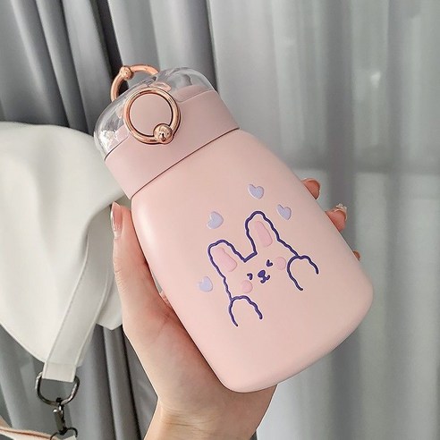 DFMEI 텀블러 여띠 빨대 스테인리스 물컵 주전자의 귀여운 배불뚝이 컵, 핑크 사랑 400ml, 싱글 컵