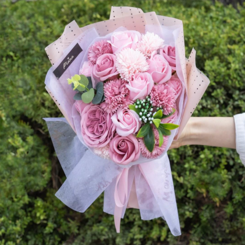 피어나 장미 비누 꽃다발 대 + 종이 쇼핑백 + 레터 카드, 핑크 PA001