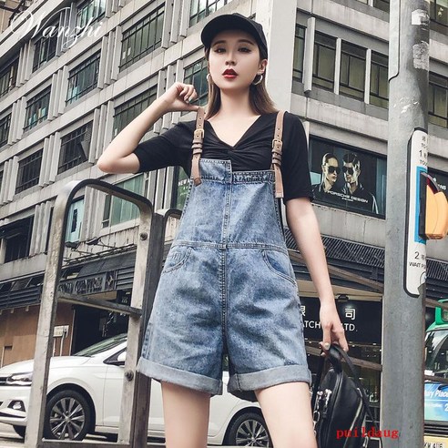 데님 스트랩 여성 여름 느슨한 넓은 다리 반바지