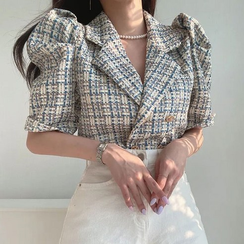 [레티고] 여성 카라 더블 배색 체크 반팔 자켓