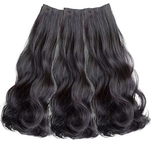 3P 여성 붙임머리 가발 50CM 부분 생머리 웨이브 피스, 3개, 블랙(웨이브)