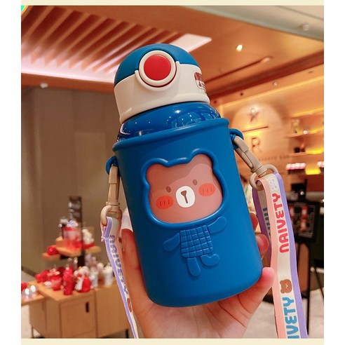 [LM] 귀여운 곰 스테인레스 보온병 물병 보온병 밀짚 커버 학교 찻잔 선물, {"크기":"301-400ml"}, Blue