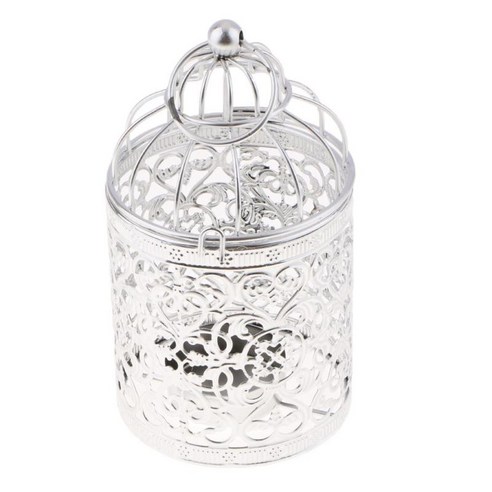 금속 Tealight 캔들 홀더 매달려 등불 크리 에이 티브 새장 웨딩 홈 테이블 장식-3.15x5.51inch, B 실버, 철