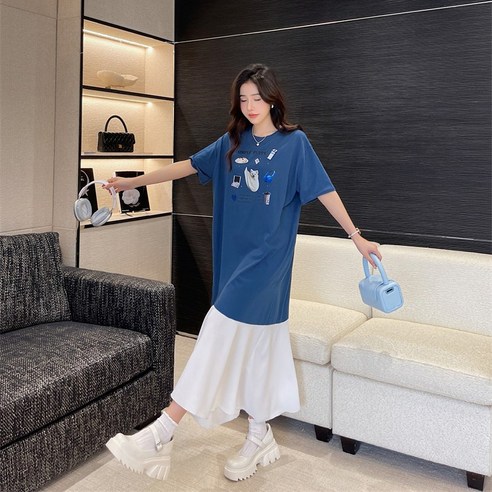 세련되고 편안한 여름 스타일을 위한 반팔 쉬폰 배색 빅사이즈 원피스