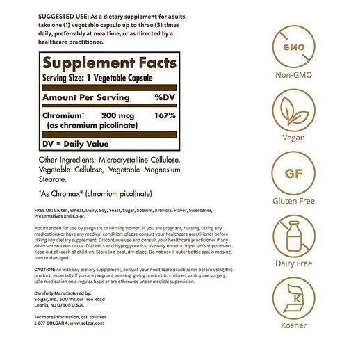 Solgar 크롬 피콜리네이트 200mcg 식물성 캡슐 180개 - 건강한 혈당 신진 대사 지원 - GMO 프리 비건 글루텐 프리 유제품 프리 코셔 - 180회 분량, 180정, 1개