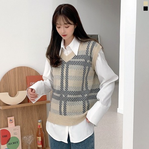 티데일리 크라운 체크 V넥 니트 조끼 여성용 루즈핏 롱 베스트