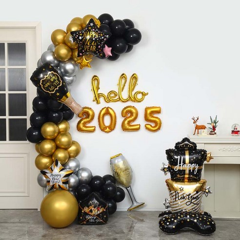 [피앤비유니티]헬로우해피뉴이어 풍선체인세트, 1세트, 12)골드3색톤 선물스탠딩(골드자모)