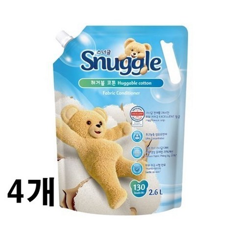 스너글 초고농축 섬유유연제 허거블 코튼 리필, 2.6L, 4개
