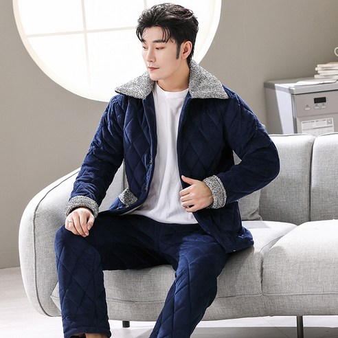 smy남성 잠옷 가을 겨울 두꺼운 양털 안감 산호 양털 세 레이어 퀼트 겨울 따뜻한 플란넬 홈 정장