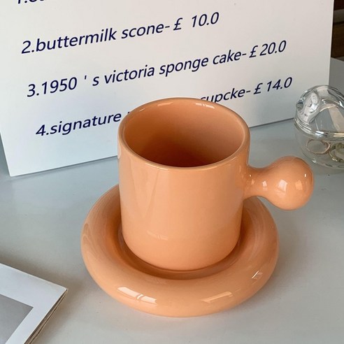 GU 노른자 머그잔 여성 커플 스타일 마카롱 세라믹 커피 컵과 접시 라운드 핸들 아침 컵, 산호오렌지컵과접시300ml