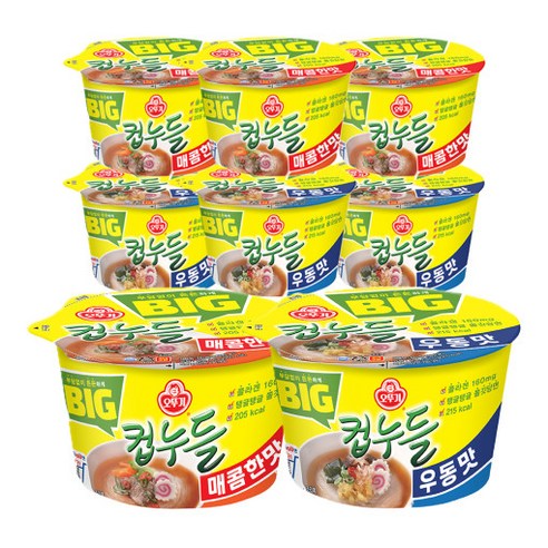 [요기쏴] 오뚜기 BIG컵누들 매콤한맛 용기 61G + BIG컵누들 우동맛 용기 61.5G, 12개
