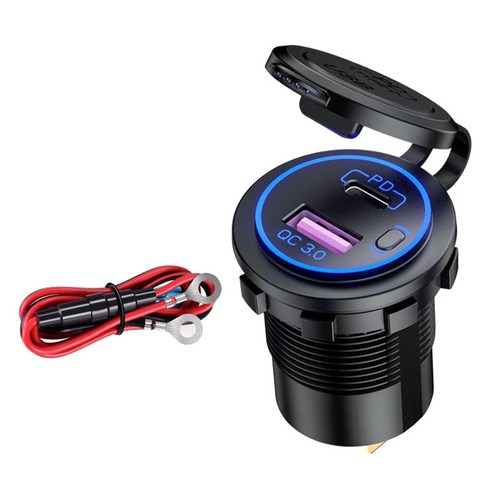 QC3.0 PD 충전기 소켓 LED 전압계 빠른 전원 배달 듀얼 포트 자동차 보트 해양 오토바이 빠른 배달 3.0, 블루 케이블, 50x37x29mm, ABS 플라스틱