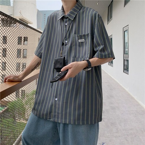 KORELAN 스트라이프 남방 남하 반팔 디자인 센스 홍콩 빈티지 셔츠 bf 루즈핏 인스 홍콩 반팔 상의