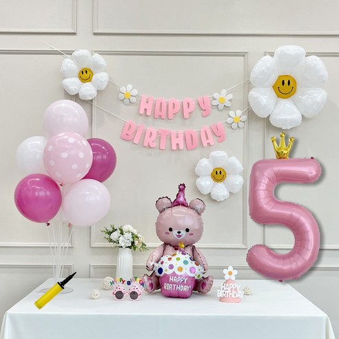 연지마켓 데이지 곰돌이 생일 파티 숫자 풍선 가랜드 세트, 5, 1세트, 베어 핑크 5