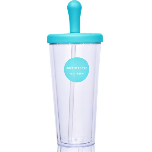 주문 이중 플라스틱 물컵 창의 빨대컵 플라스틱 음료 컵 이중 투명 빨대컵, 청색, 420ML