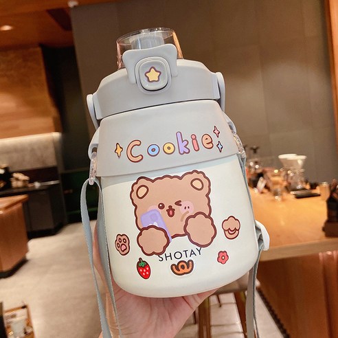 대배 보온컵 대용량 귀엽다 빨대 여사 고안치 물컵 900ml 휴대용, 화이트+랜덤 스티커