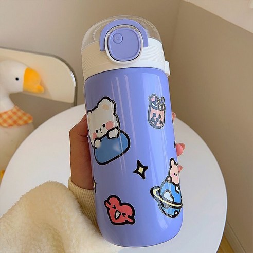보온컵 여자 대용량 물컵 빨대 컵 사랑 배 컵 휴대용 삼계 만화 물컵, 자주색, 720ml