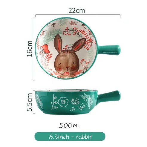 숲 동물 디자인 큰 그릇 단일 핸들 세라믹 그릇 국수 그릇 크리 에이 티브 레스토랑 가정용 꽃 그릇 홈 인테리어, rabbit