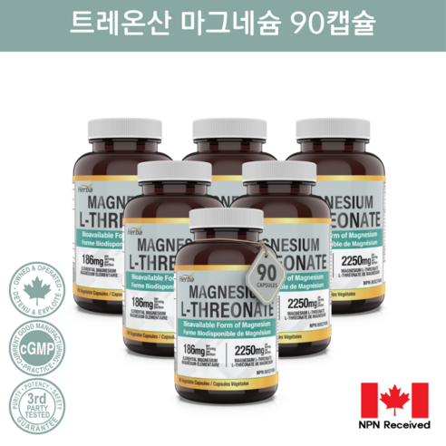 트레온산 마그네슘 90캡슐 L-트레온산 마그네슘 2250mg 허바 캐나다, 6개, 90정