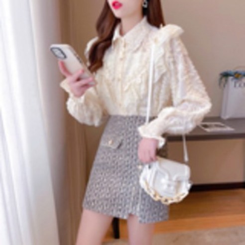 봄 디자인 감각 기질 숙녀 소향풍 레이스 셔츠 슬림 스커트 세트
