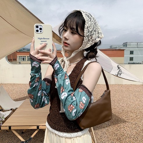 DFMEI Ins 여름 느슨한 선 스크린 아이스 실크 소매 여성용 양산 얇은 팔 팔 보호대 슬리브, DFMEI미소곰머리녹색