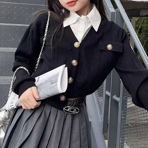 도오빠 울패던 여아 카라 장식 가디건 블랙 긴팔 니트 스웨터 페이크 카라 레이어드 스쿨룩 키즈 주니어 봄 가을 간절기 아우터 ~170