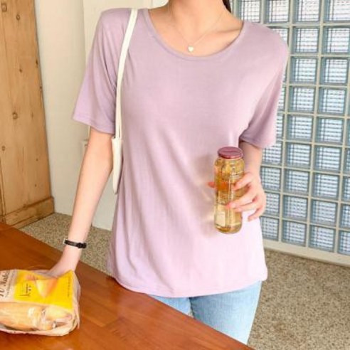 여자 여름 뒤끈 무지 라운드넥 반팔 티셔츠.옷자락(무료배송)