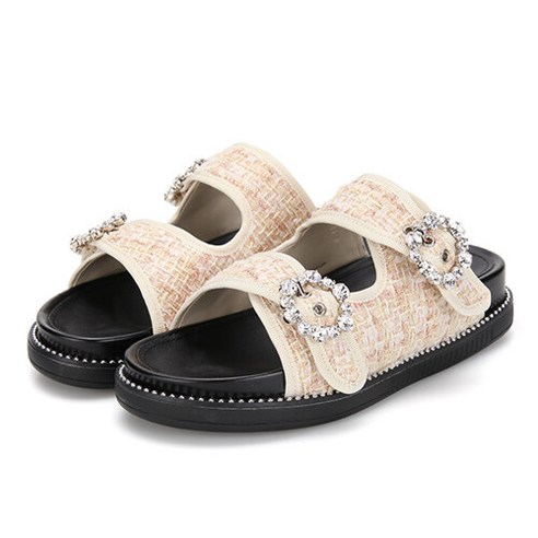[AK PLAZA] 바바라 트위드 큐빅장식 슬리퍼 샌들 BBF306BE
