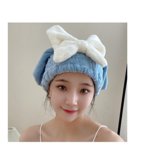머리 빨리 마르는 헤어 드라이캡 왕리본 머리수건, 블루, 1개